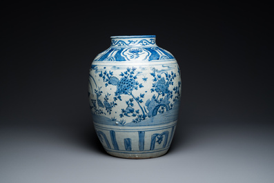 A large Chinese blue and white 'pheasant' jar, Ming