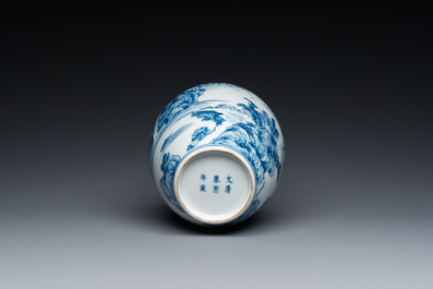 A Chinese blue and white 'mountainous landscape' vase, Kangxi mark, Republic