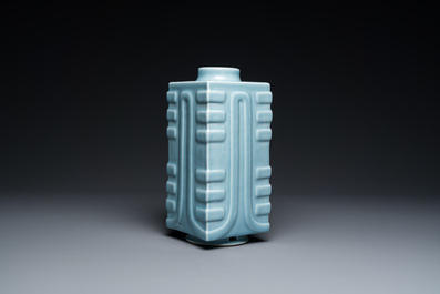 A Chinese monochrome clair de lune-glazed 'cong' vase, Qianlong mark, 20th C.