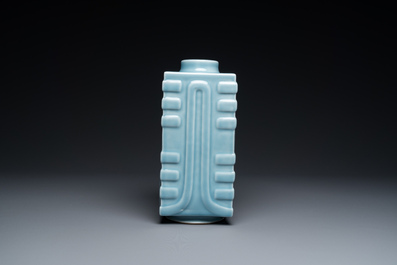 A Chinese monochrome clair de lune-glazed 'cong' vase, Qianlong mark, 20th C.