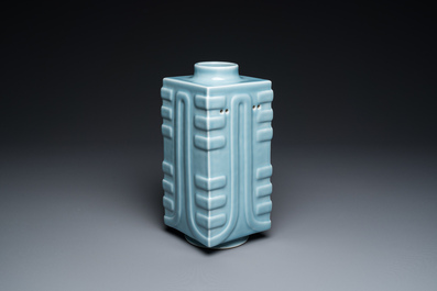 A Chinese monochrome clair de lune-glazed 'cong' vase, Qianlong mark, 20th C.