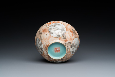 Een Chinese faux-bois kom met grisaille medaillons, Qianlong merk, Republiek