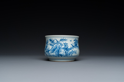 Een Chinese blauw-witte wierookbrander met vogels en bloesemtakken, 19e eeuw