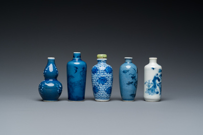 Five Chinese blue and white snuff bottles, 19th C.