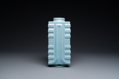 A Chinese monochrome clair de lune-glazed 'cong' vase, Qianlong mark, 20th C.