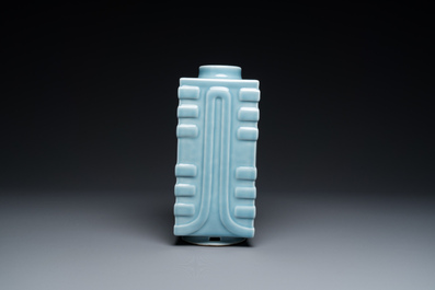 A Chinese monochrome clair de lune-glazed 'cong' vase, Qianlong mark, 20th C.