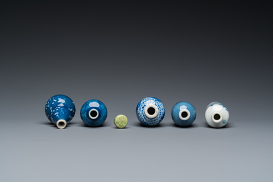 Five Chinese blue and white snuff bottles, 19th C.