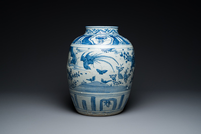 A large Chinese blue and white 'pheasant' jar, Ming