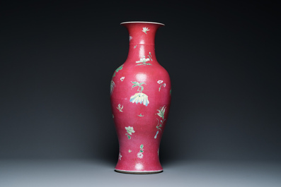 A Chinese famille rose ruby sgraffito-ground vase, Qianlong mark, Republic