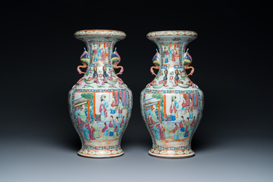 A pair of Chinese Canton famille rose vases with duck-shaped handles, 19th C.