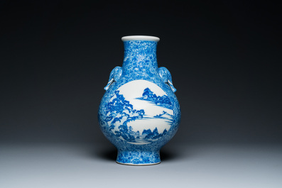 A Chinese blue and white 'hu' vase with elephant head handles, Qianlong mark, Republic