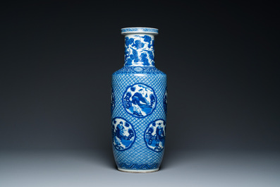 A Chinese blue and white rouleau 'immortals' vase, Kangxi mark, 19th C.