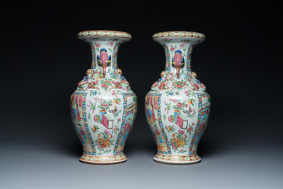 A pair of Chinese Canton famille rose vases with duck-shaped handles, 19th C.