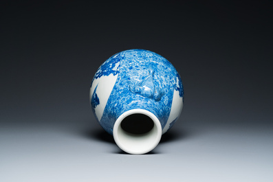 A Chinese blue and white 'hu' vase with elephant head handles, Qianlong mark, Republic
