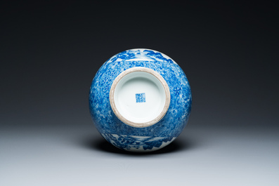 A Chinese blue and white 'hu' vase with elephant head handles, Qianlong mark, Republic