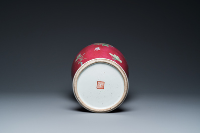A Chinese famille rose ruby sgraffito-ground vase, Qianlong mark, Republic