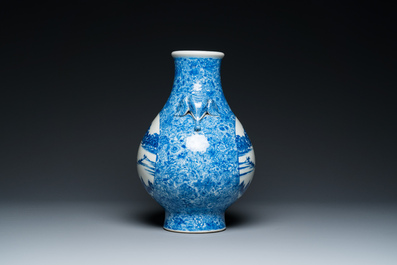 A Chinese blue and white 'hu' vase with elephant head handles, Qianlong mark, Republic