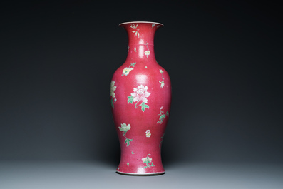 A Chinese famille rose ruby sgraffito-ground vase, Qianlong mark, Republic