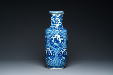 A Chinese blue and white rouleau 'immortals' vase, Kangxi mark, 19th C.