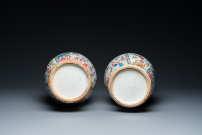 A pair of Chinese Canton famille rose vases with duck-shaped handles, 19th C.