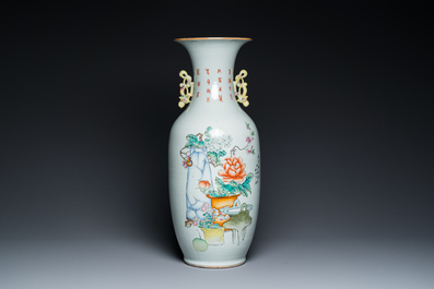A Chinese famille rose 'scholars' vase with two-sided design, signed Cai Yun Xuan 彩雲軒, dated 1919