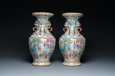 A pair of Chinese Canton famille rose vases with duck-shaped handles, 19th C.