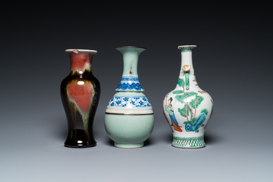 A Chinese famille rose, a flamb&eacute;-glazed and a blue and white celadon-ground vase, 19/20th C.