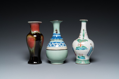 A Chinese famille rose, a flamb&eacute;-glazed and a blue and white celadon-ground vase, 19/20th C.