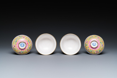 A pair of Chinese Canton enamel bowls and covers, Qianlong