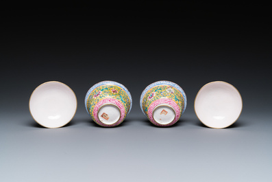 A pair of Chinese Canton enamel bowls and covers, Qianlong