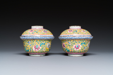 A pair of Chinese Canton enamel bowls and covers, Qianlong
