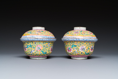 A pair of Chinese Canton enamel bowls and covers, Qianlong