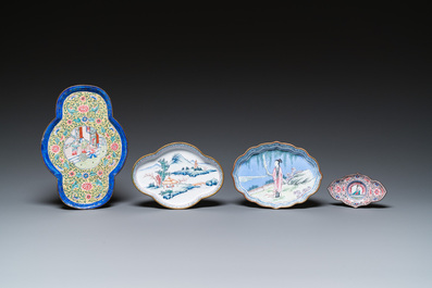 Cinq pi&egrave;ces en &eacute;maux de Canton, Chine, Qing/R&eacute;publique