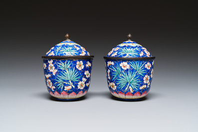 A pair of Chinese blue-ground Canton enamel covered bowls on stands, Qianlong