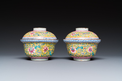 A pair of Chinese Canton enamel bowls and covers, Qianlong