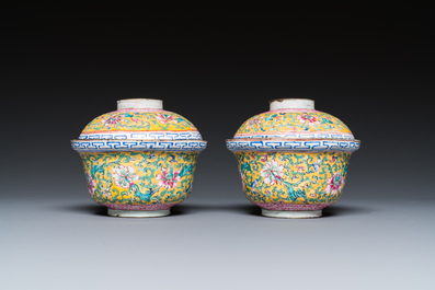 A pair of Chinese Canton enamel bowls and covers, Qianlong