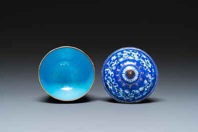 A Chinese blue-ground Canton enamel covered bowl on stand, Qianlong