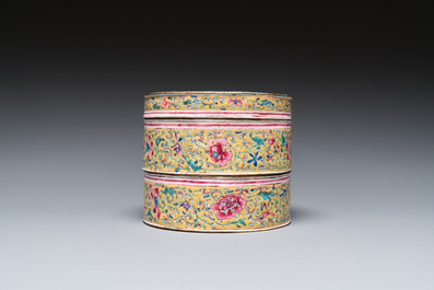 A Chinese yellow-ground Canton enamel stacking box and cover, Qianlong