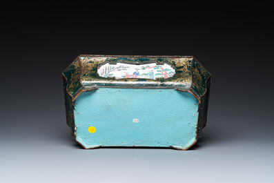 A Chinese Canton enamel gilt-decorated dark-green-ground jardini&egrave;re with four inserted plaques, Qianlong/Jiaqing