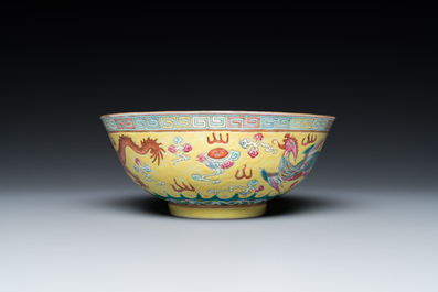 A Chinese yellow-ground famille rose 'dragon and phoenix' bowl, Guangxu mark and of the period