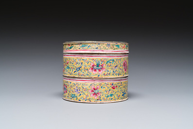 A Chinese yellow-ground Canton enamel stacking box and cover, Qianlong