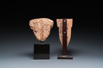 Un masque de sarcophage en bois sculpt&eacute; et une t&ecirc;te en calcaire sculpt&eacute;, Egypte, Basse &eacute;poque et p&eacute;riode sa&iuml;te