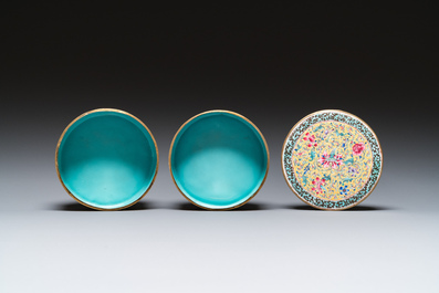 A Chinese yellow-ground Canton enamel stacking box and cover, Qianlong