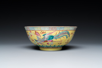 A Chinese yellow-ground famille rose 'dragon and phoenix' bowl, Guangxu mark and of the period