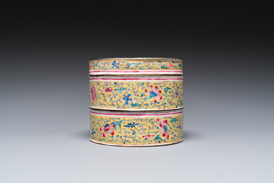 A Chinese yellow-ground Canton enamel stacking box and cover, Qianlong