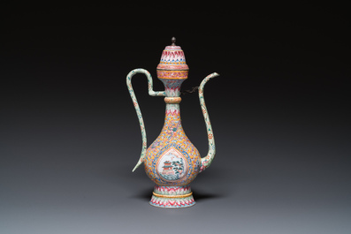 A large Chinese yellow-ground Canton enamel ewer and cover, Qianlong