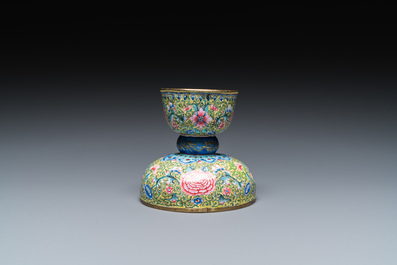 A rare Chinese yellow-ground Canton enamel spittoon, Qianlong