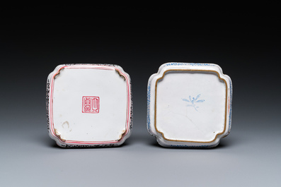 Drie Chinese koppen en twee schotels in Canton email, Qianlong