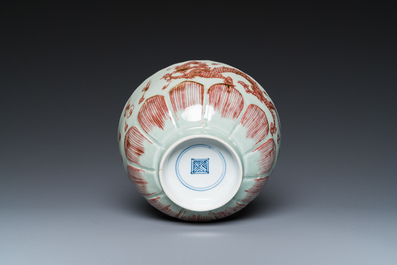 A Chinese lotus-molded 'dragon' bowl in copper-red on celadon-ground, Kangxi