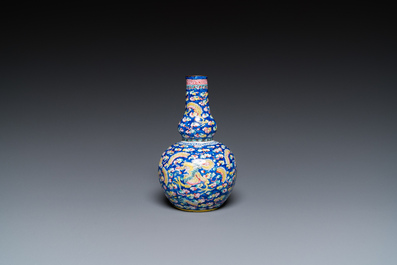 A Chinese blue-ground Canton enamel double gourd 'dragons' vase, Shangxin 赏心 mark, Qianlong